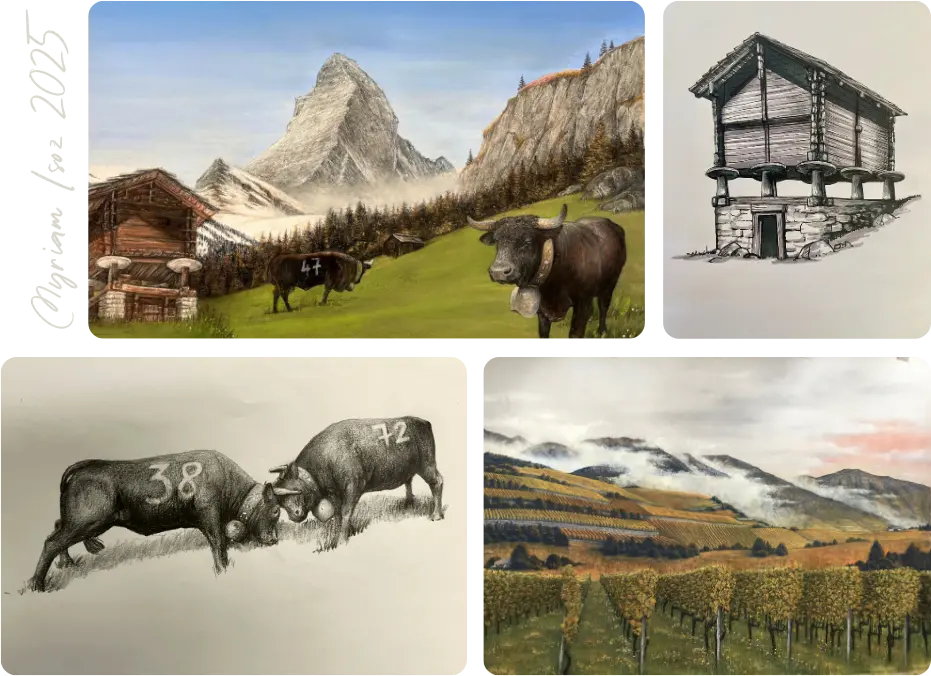 Illustrations intégrées dans la Chocothèque Iconics of Wallis — dessins originaux Myriam Isoz
