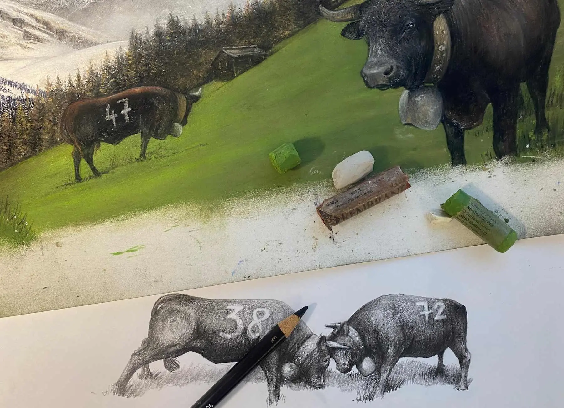 Pastel et dessin de la vache Eringer — Myriam Isoz, 2025