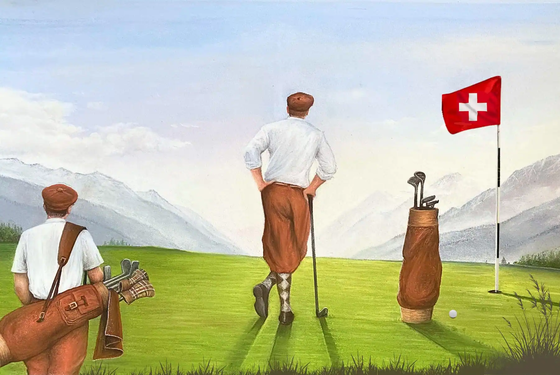 Pastel représentant le golf à Crans-Montana — Myriam Isoz, 2025