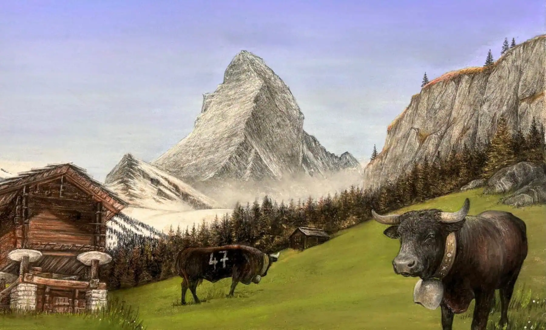 Pastel représentant le Cervin et les vaches Hérens — Myriam Isoz, 2025
