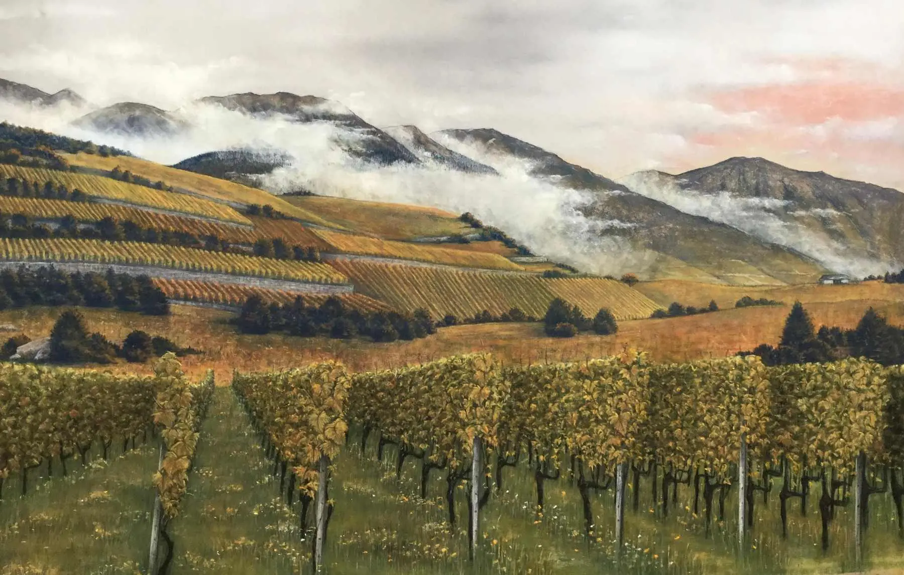 Pastel représentant le vignoble valaisan en automne — Myriam Isoz, 2021